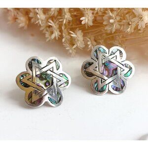 Star of David Abalone Floral Alpaca Mexican Sterling Silver Vintage Screw Studs